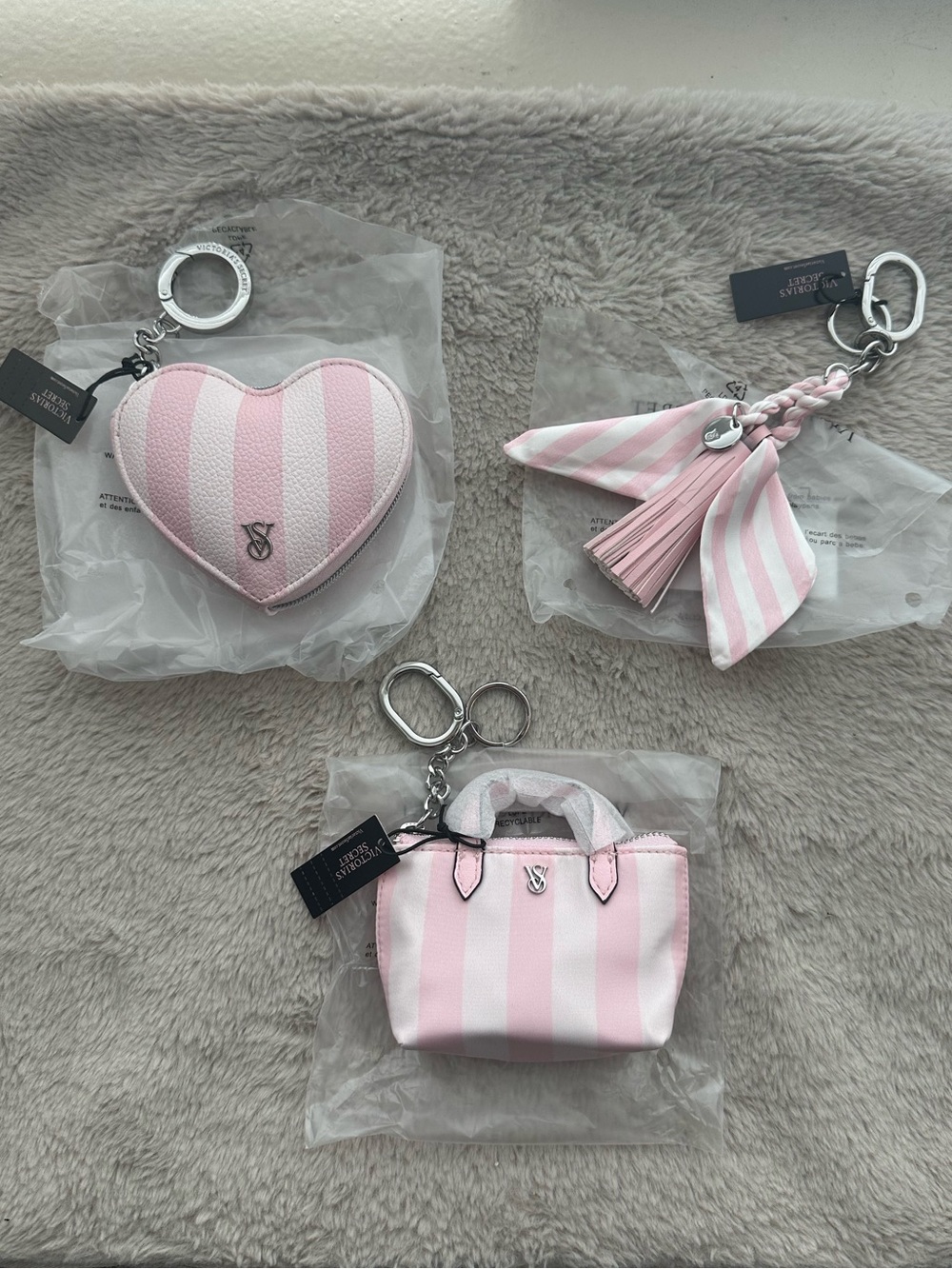 Victoria’s Secret VS Heritage Stripe 3 Keychains -Heart Pouch, Mini Tote, Tassel